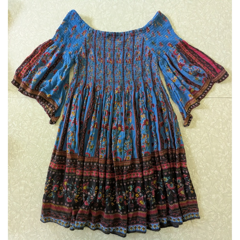 Altar'd State S Floral Boho Smocked Off Shoulder Bell Sleeve Mini Dress Festival